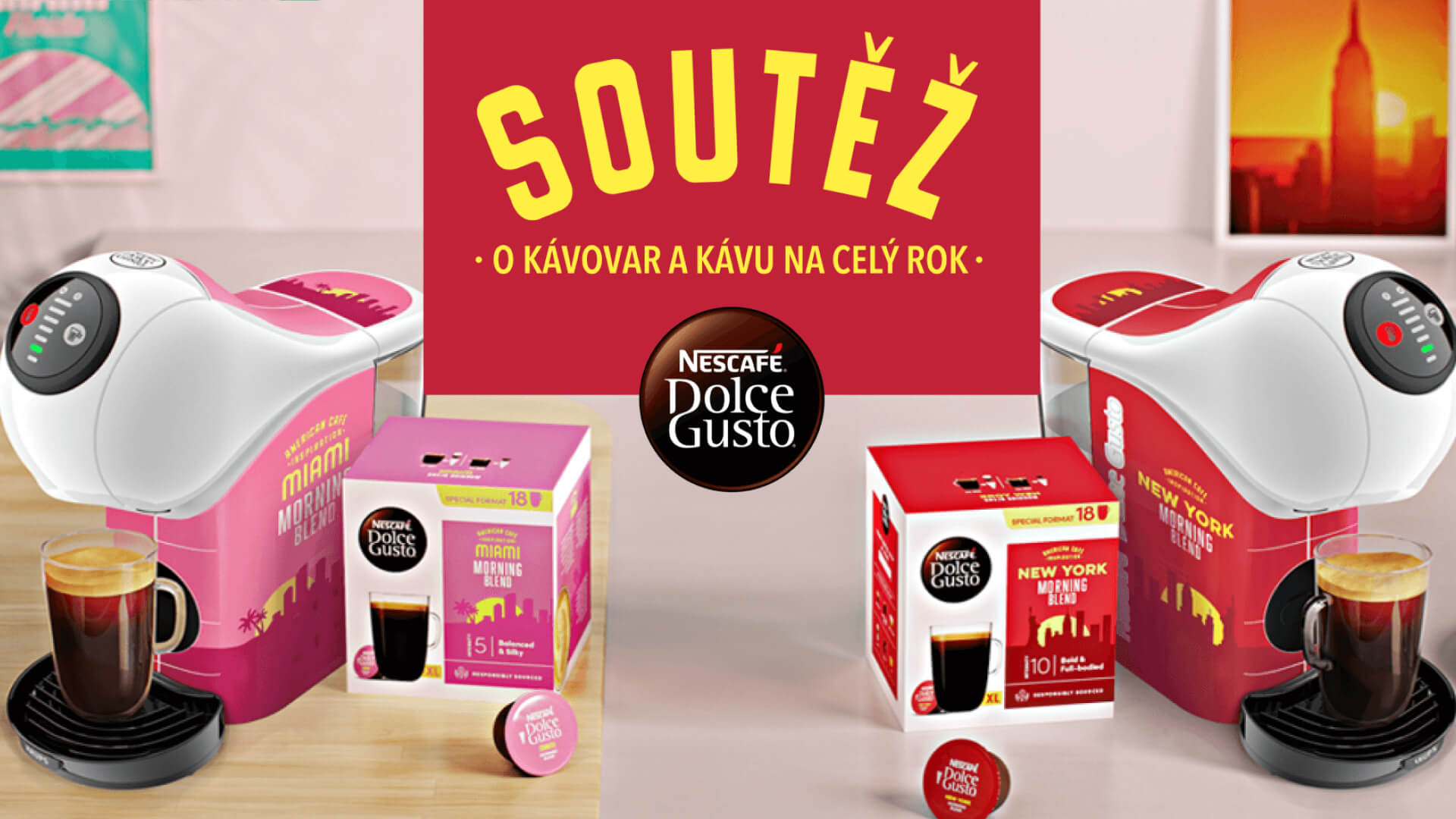 Vyhrajte s kávou NESCAFÉ® Dolce Gusto® designový kávovar Miami nebo New York a zásobu kávy na celý rok